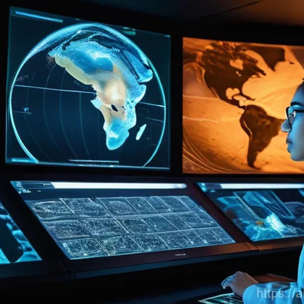 화성 탐사에서의 데이터 분석 도구 - "A group of diverse scientists, men and women, intensely focused on glowing holographic displays in ...