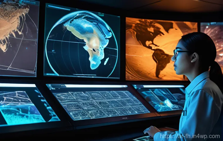 화성 탐사에서의 데이터 분석 도구 - "A group of diverse scientists, men and women, intensely focused on glowing holographic displays in ...