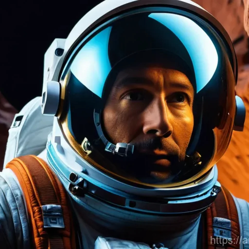화성 탐사에 관한 최신 연구 동향 - **Prompt:** A close-up, dramatic shot of an astronaut in a full, advanced Mars exploration suit, car...