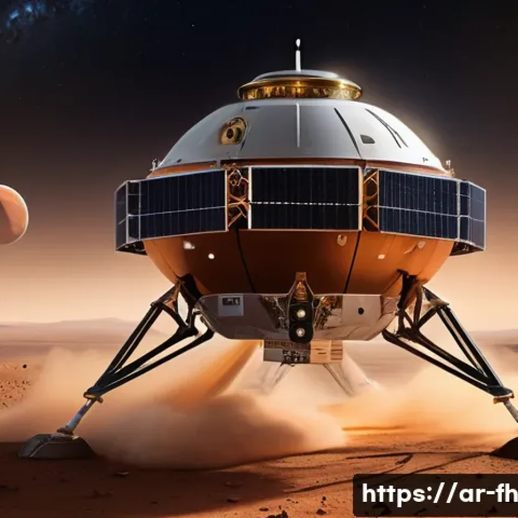 화성 탐사에 적합한 엔진 기술 - A highly detailed illustration of a futuristic Mars exploration spacecraft using a hybrid propulsion...