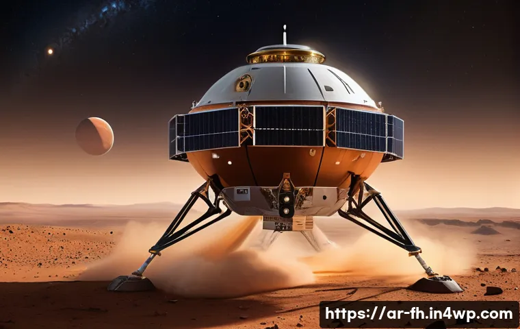 화성 탐사에 적합한 엔진 기술 - A highly detailed illustration of a futuristic Mars exploration spacecraft using a hybrid propulsion...