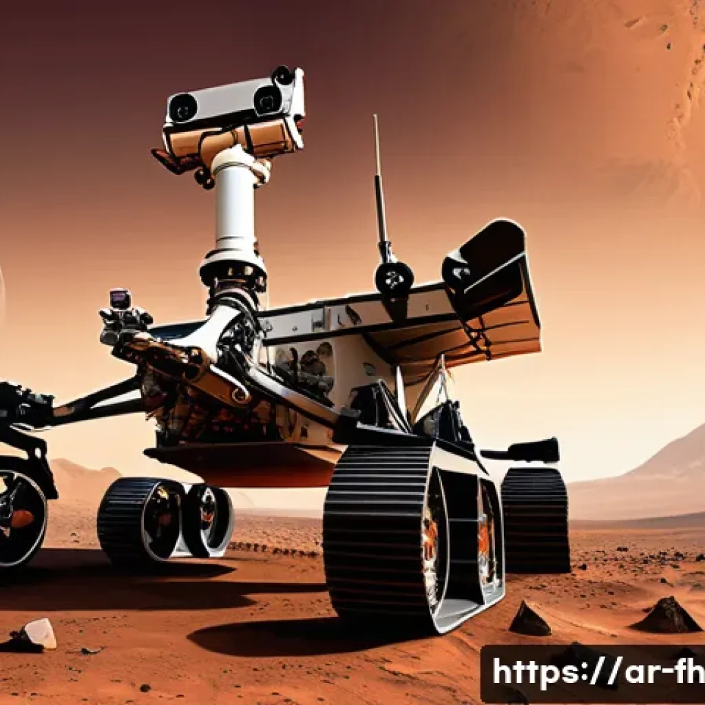 화성 탐사의 기초 물리학 원리 - A detailed scene of a Mars rover navigating the rugged Martian terrain under a dusty reddish sky, sh...