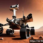 Home 21 화성 탐사의 기초 물리학 원리 - A detailed scene of a Mars rover navigating the rugged Martian terrain under a dusty reddish sky, sh...