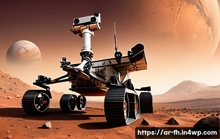 화성 탐사의 기초 물리학 원리 - A detailed scene of a Mars rover navigating the rugged Martian terrain under a dusty reddish sky, sh...