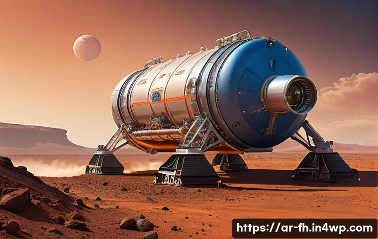 화성 탐사선을 위한 연료 기술 - A highly detailed futuristic spacecraft launch scene on Mars, showcasing advanced liquid high-perfor...