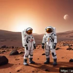 Home 18 화성 탐사 임무의 위험 요소 분석 - A detailed scene of astronauts wearing advanced space suits with visible protective layers and built...
