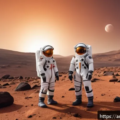 Home 30 화성 탐사 임무의 위험 요소 분석 - A detailed scene of astronauts wearing advanced space suits with visible protective layers and built...