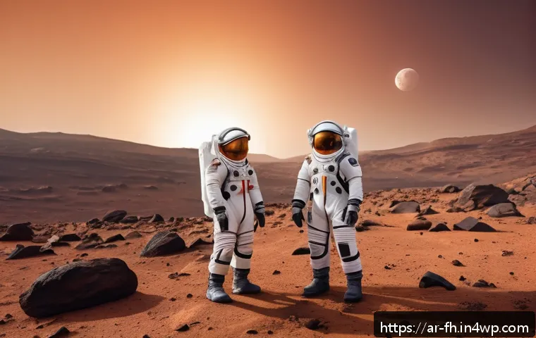 화성 탐사 임무의 위험 요소 분석 - A detailed scene of astronauts wearing advanced space suits with visible protective layers and built...