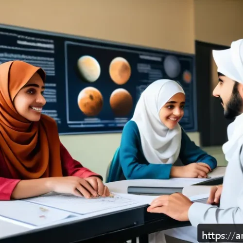 Home 17 화성 탐사 기술의 교육적 활용 - A detailed classroom scene in a modern Arab school where diverse students wearing modest, culturally...
