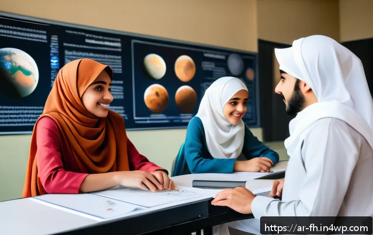 화성 탐사 기술의 교육적 활용 - A detailed classroom scene in a modern Arab school where diverse students wearing modest, culturally...