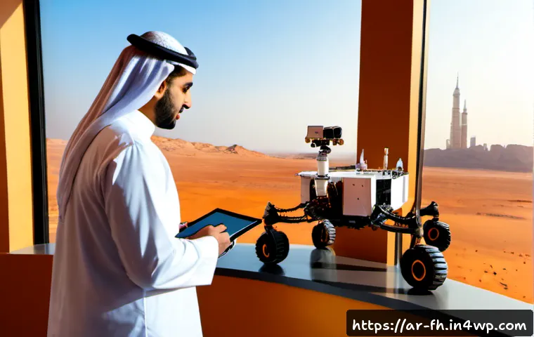 화성 탐사 기술의 경제적 영향 - Photorealistic modern space technology investment scene in a Gulf Arab innovation center, Arab engin...