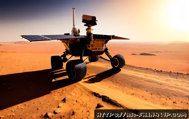 화성 탐사 로버의 전력 관리 기술 - Photorealistic Mars exploration rover on a wide rust-red plain at sunrise, large dust-coated solar p...