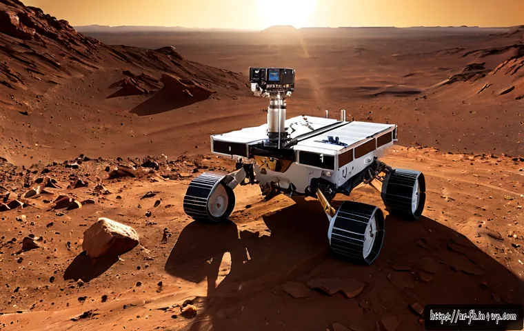화성 탐사에서의 생명체 사전 탐색 기술 - Photorealistic Mars exploration scene, a rugged robotic rover using a sterile sampling drill to coll...